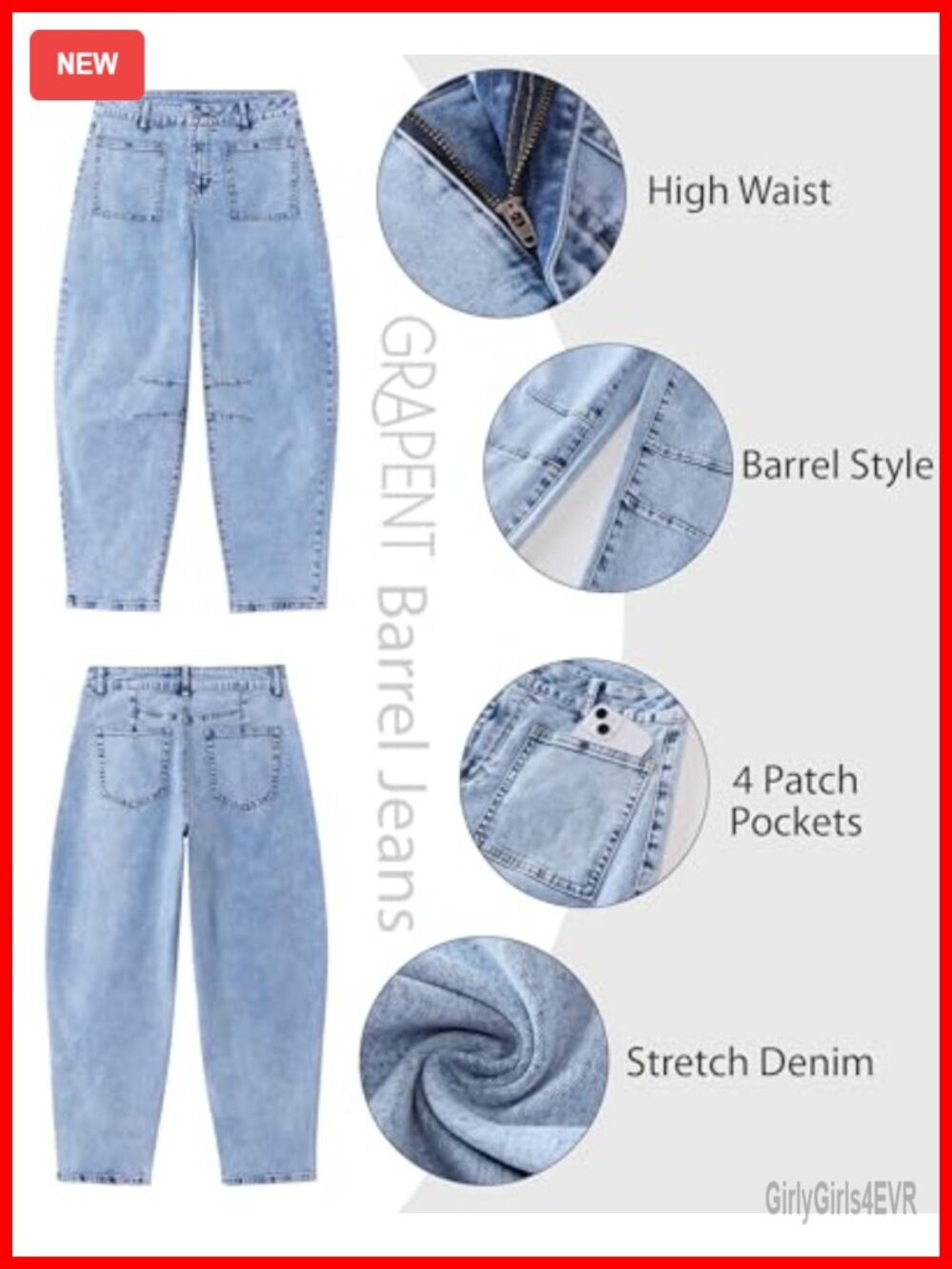 Barrel Jeans High Waisted Cropped Patch Pocket Baggy Stretch Denim - Picture 5 of 6